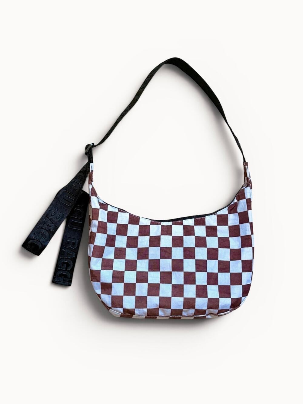 Baggu Medium Nylon Crescent Bag Checkered Blue Brown Discontinued Print